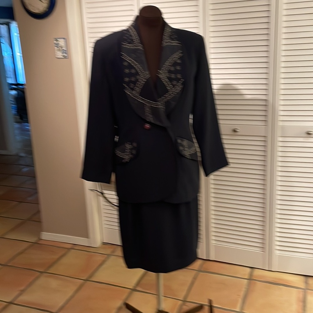 JB Collection Vintage Ladies Navy Blue Suit with Pewter Colored Stitching